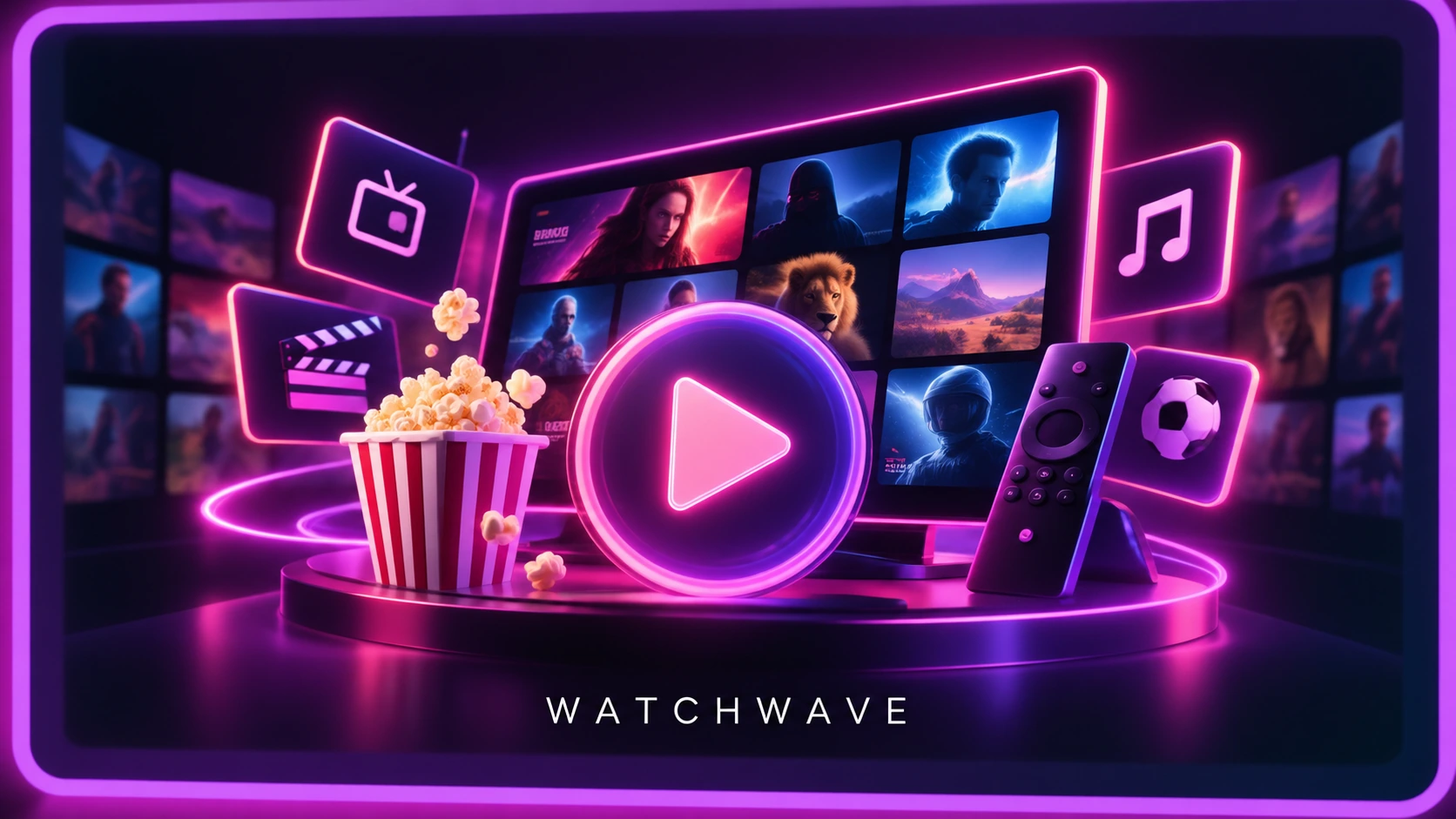 WatchWave: entretenimiento, películas, series, música y deportes con diseño neón rosa y morado